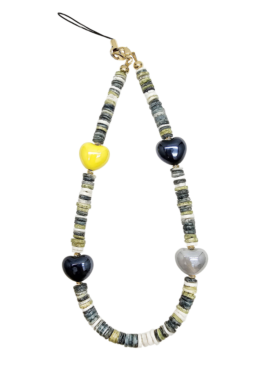 Black Shell With Ceramic Hearts Artistic Phone Strap PC058