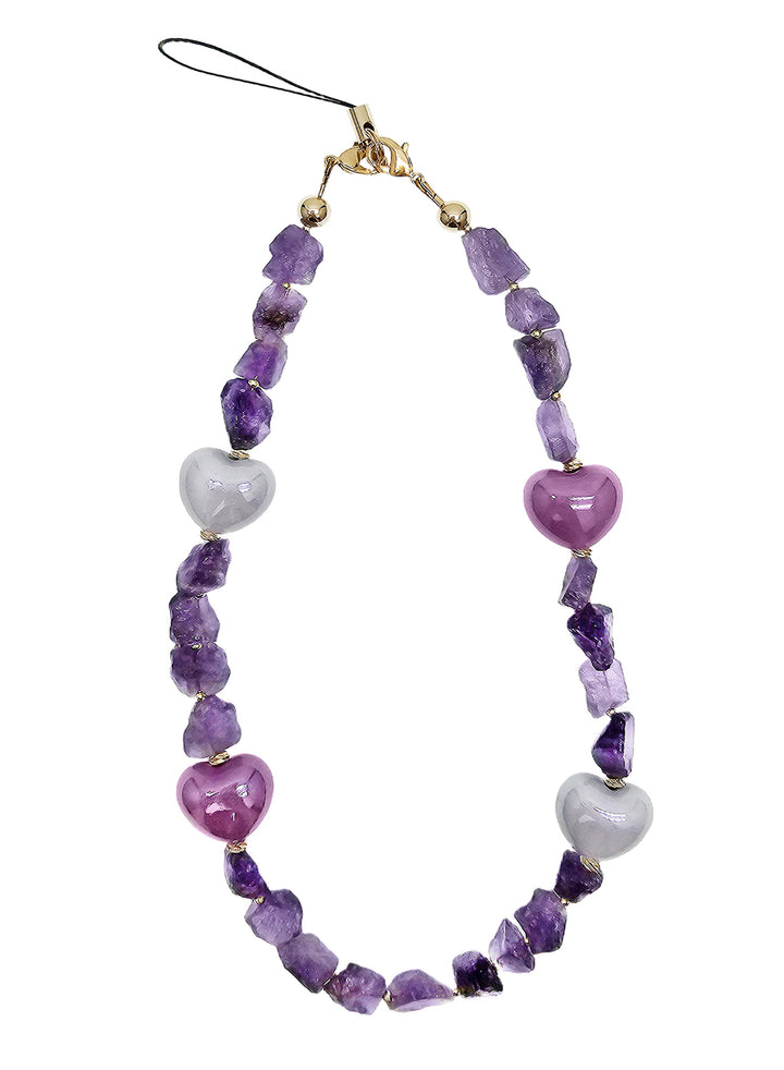Irregular Amethyst With Hearts Gemstone Phone Strap PC059
