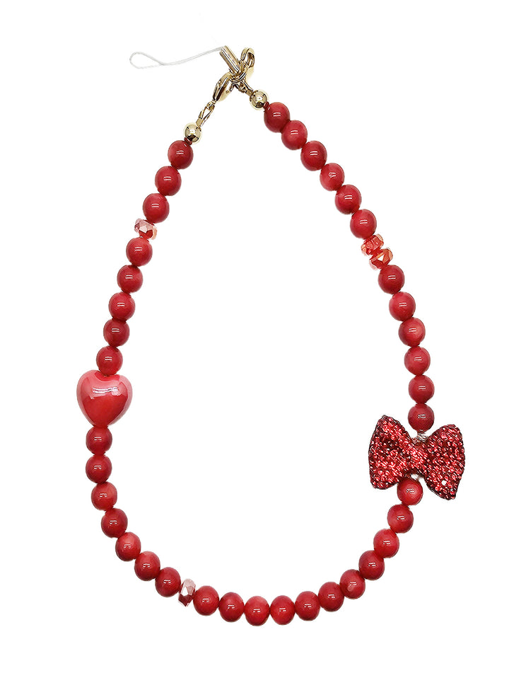 Red Bamboo Coral With Red Rhinestone Butterfly Knot Phone Strap PC069