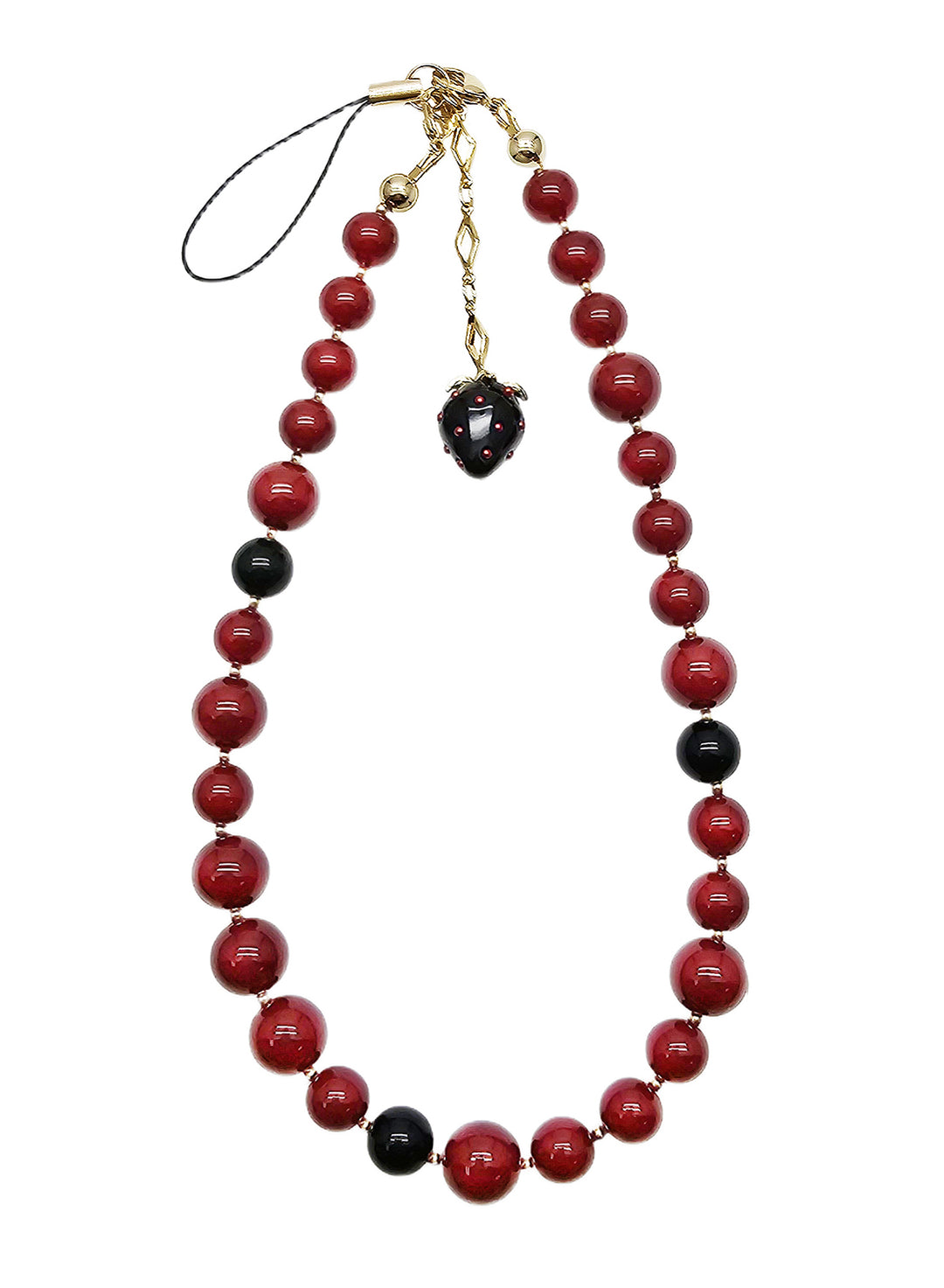 Red Beads With Black Strawberry Charm Phone Strap PC070