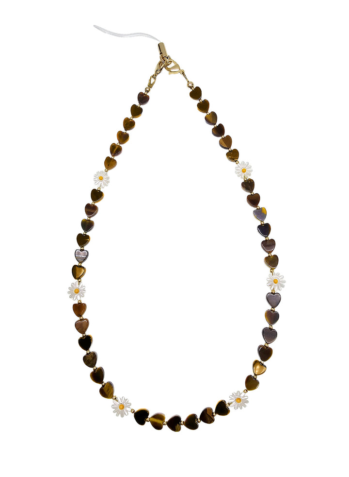 Heart Shaped Tiger-eye With Flower Shell Phone Strap PC072