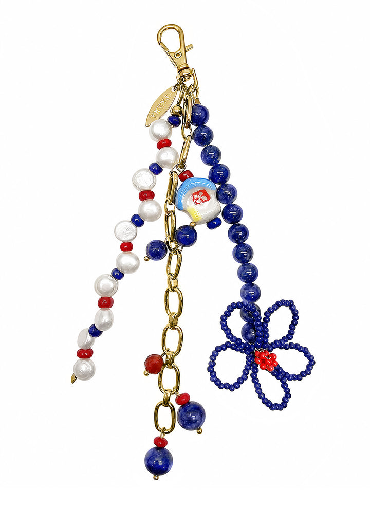 Flower Lapis And Pearls With Ceramic House Charm Phone Strap & Bag Charm PC104