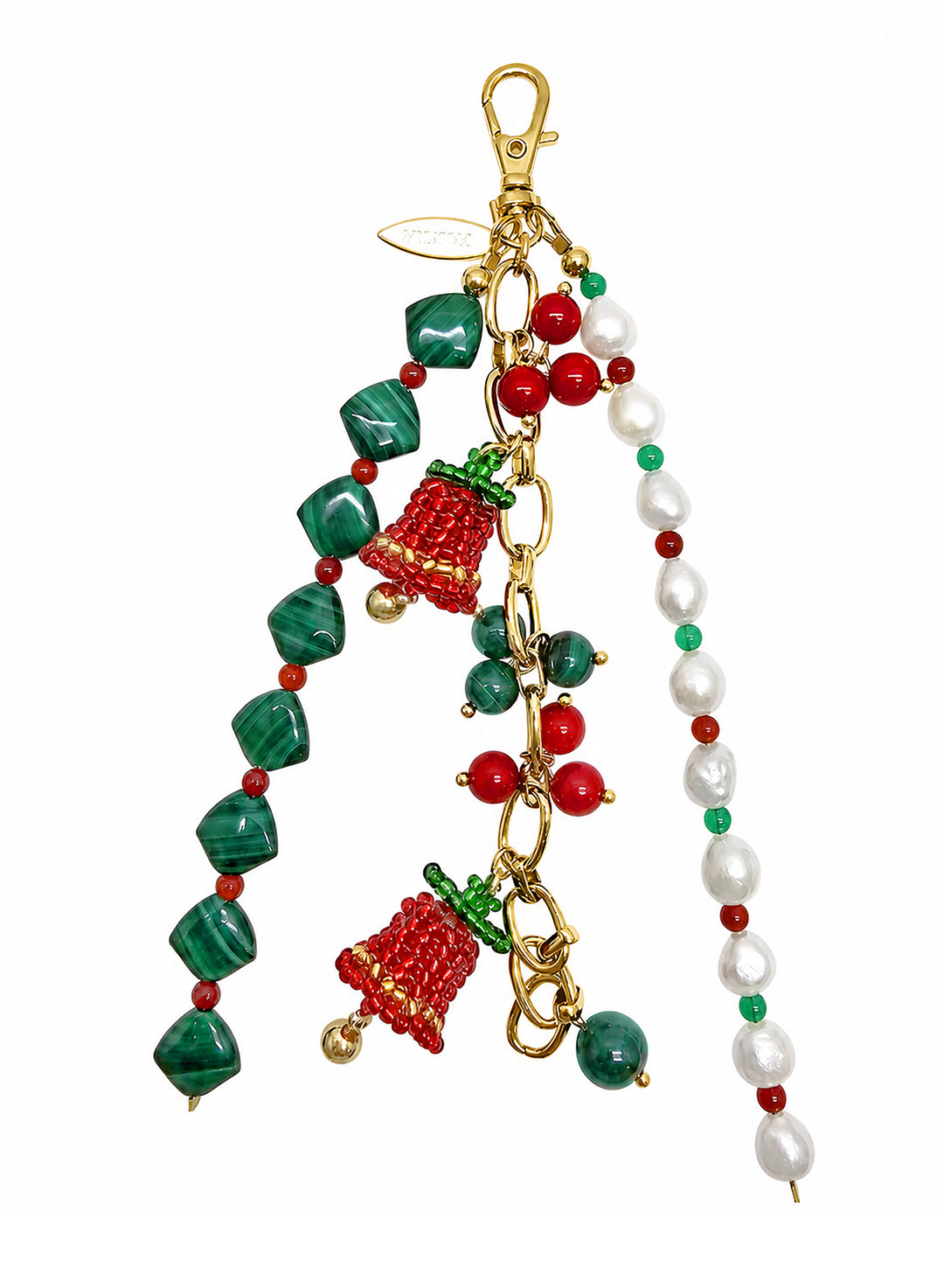 Christmas Bell Malachite And Bamboo Coral And Pearls Tassel Phone Strap/ Bag Charm PC109