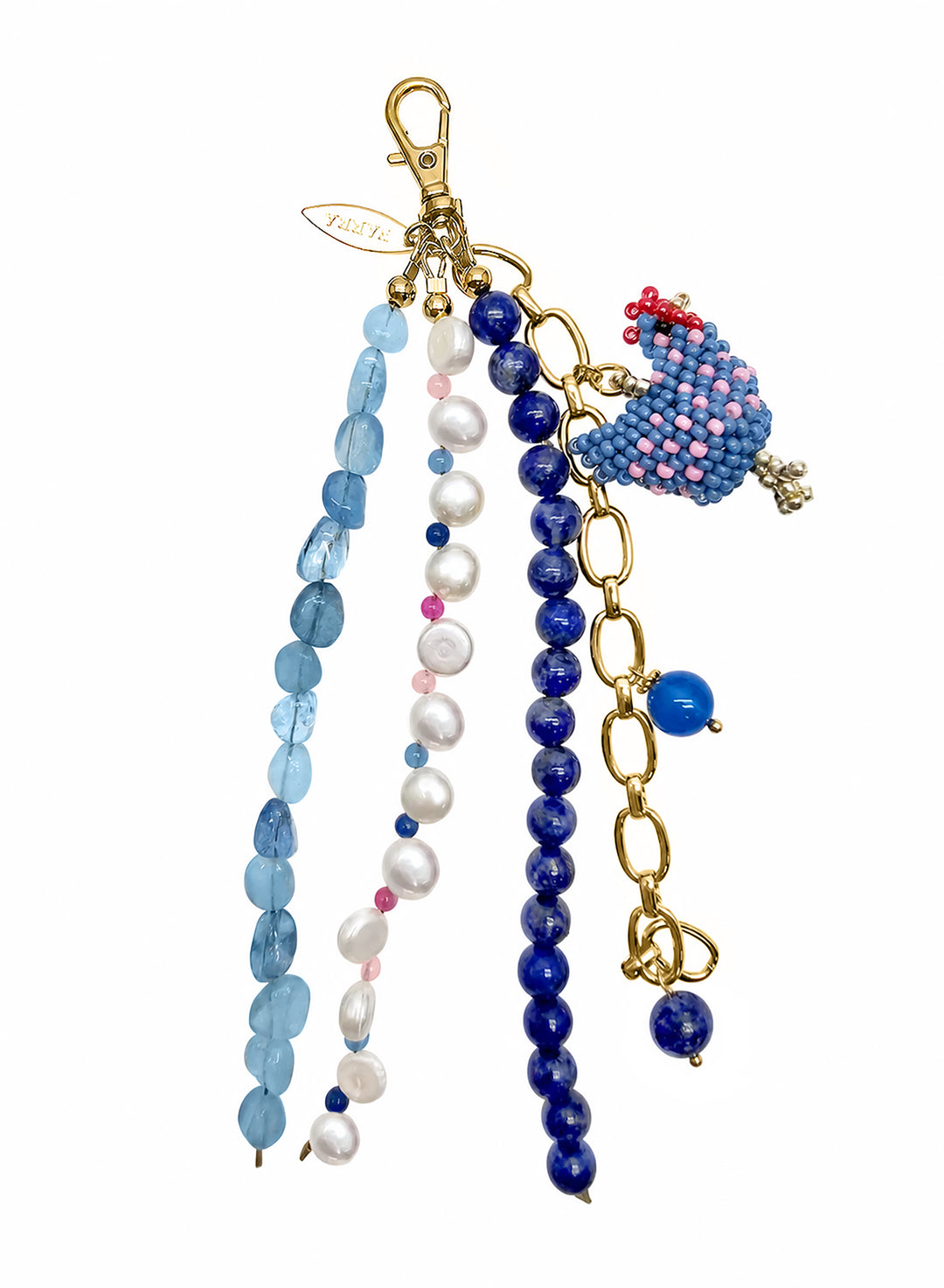 Handcrafted Chicken Charm Lapis Aquamarine And Pearls Tassel Phone Strap/ Bag Charm PC111