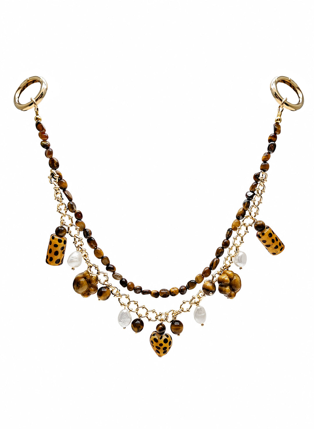 Leopard Print Tiger-Eye Stone And Pearls Layered Bag Charm PC113