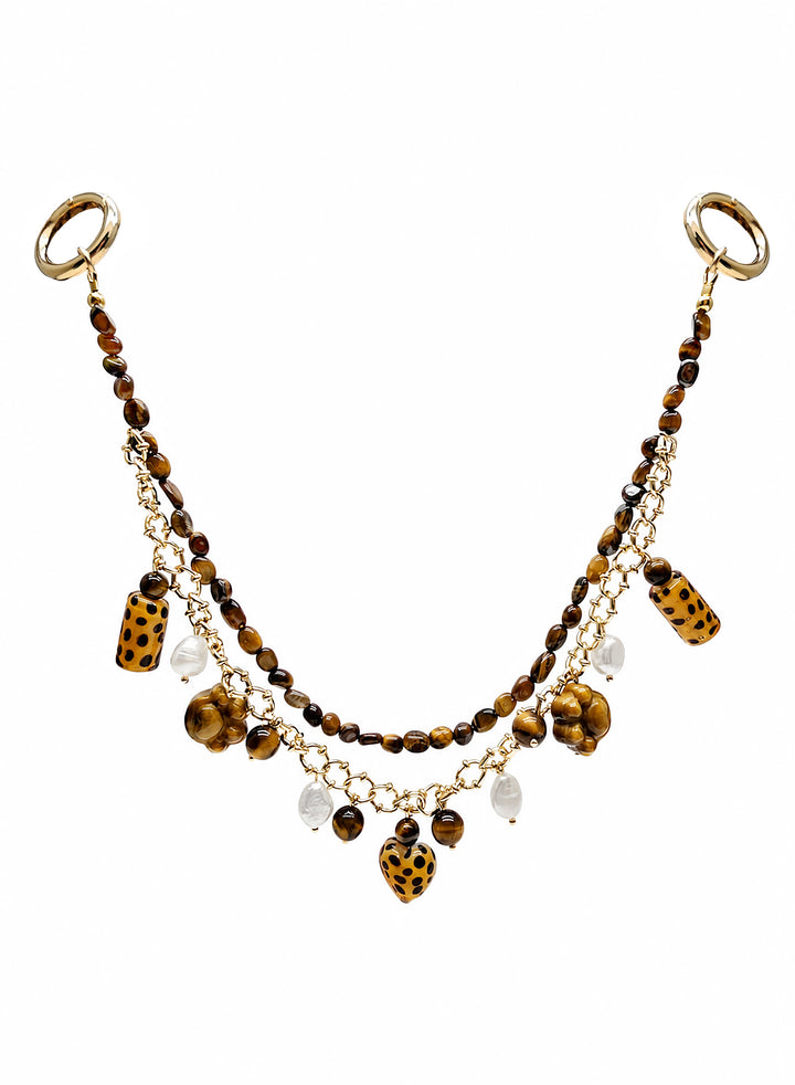 Leopard Print Tiger-Eye Stone And Pearls Layered Bag Charm PC113