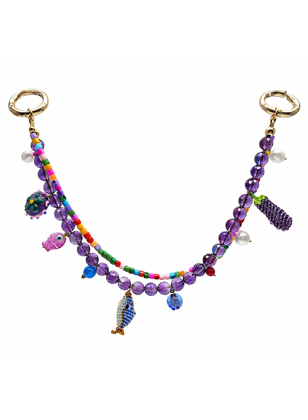 Playful Fish & Eggplant Charm Amethyst Bag Charm PC116
