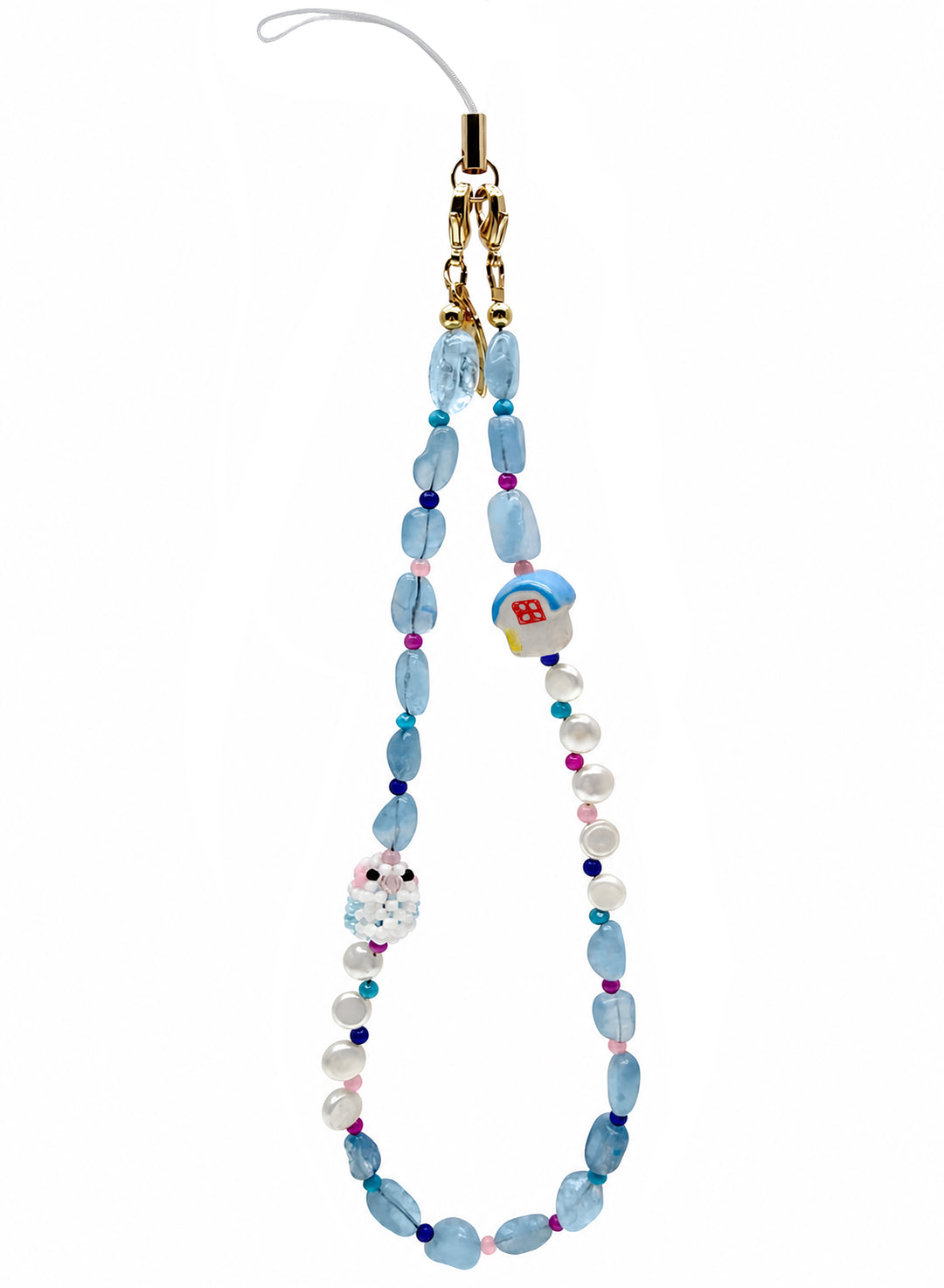 Handcrafted Bird & Ceramic House Aquamarine Pearl Phone Strap PC126