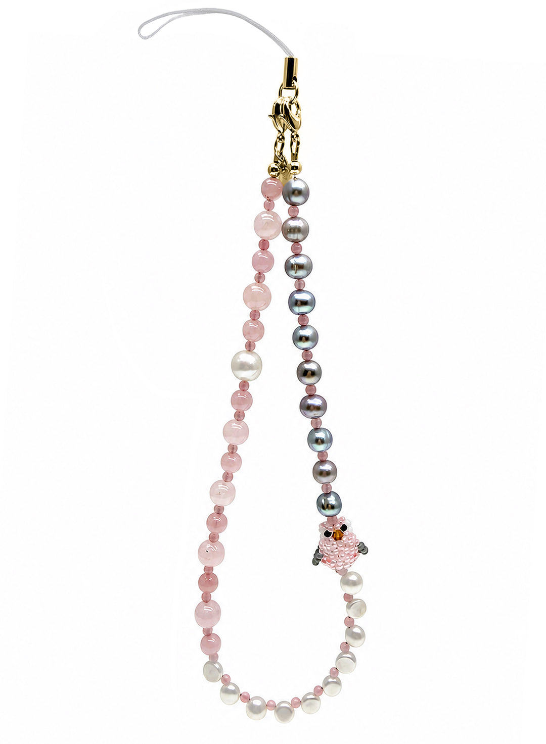 Handcrafted Bird Freshwater Pearl & Rose Quartz Phone Strap PC134