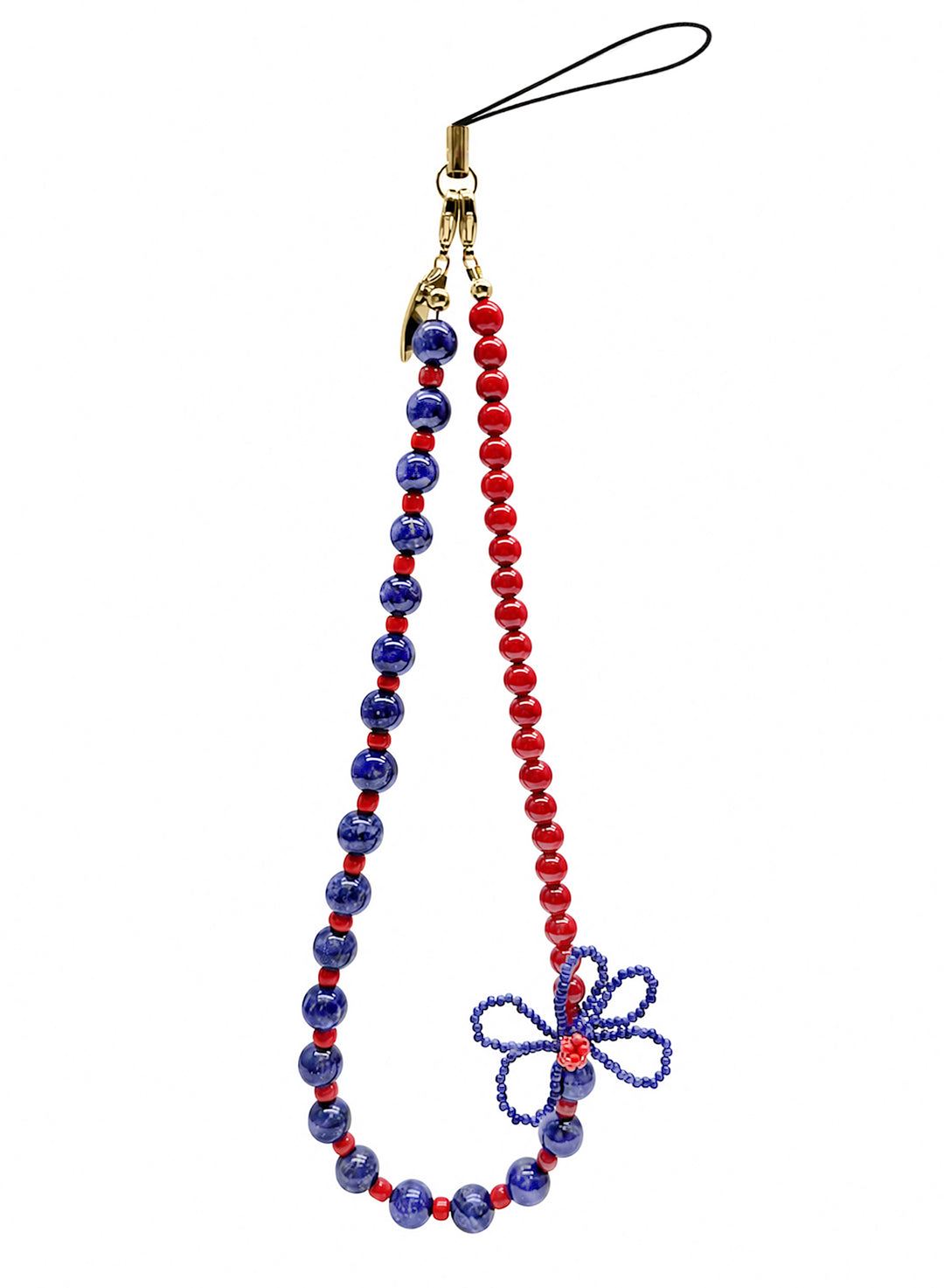 Blue Lapis Lazuli & Red Bamboo Coral With Crafted Flower Phone StrapPC139