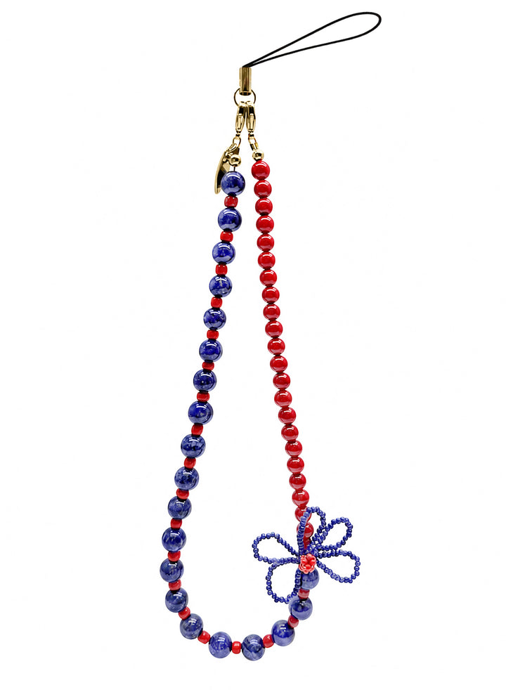 Blue Lapis Lazuli & Red Bamboo Coral With Crafted Flower Phone StrapPC139