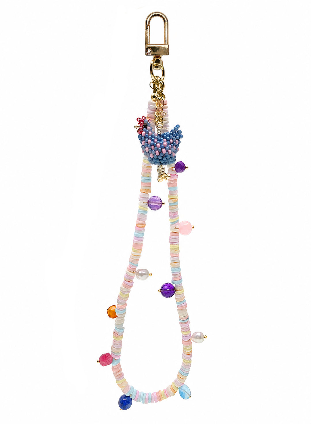 Pink Shell With Handcrafted Chicken Charm And Colorful Gemstone Phone Strap PC143
