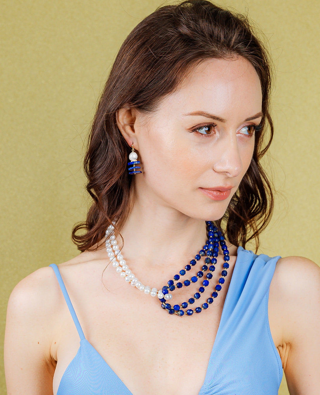 Lapis With Freshwater Pearls Multi Layers Necklace EN014 - FARRA