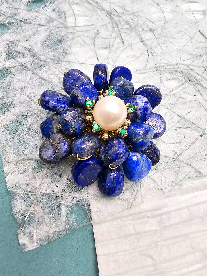 Handcrafted Flower Shaped Lapis Lazuli With Pearl Brooch