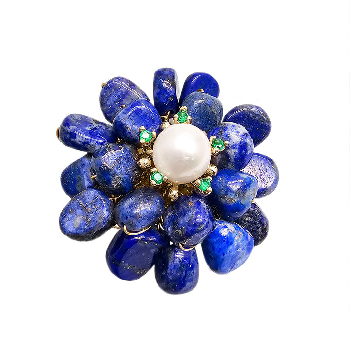Handcrafted Flower Shaped Lapis Lazuli With Pearl Brooch