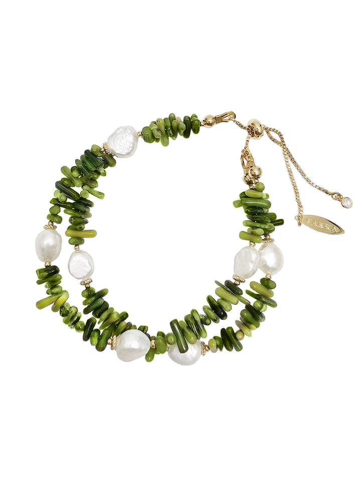 Green Bamboo Coral With Freshwater Pearls Double Layers Bracelet QB004