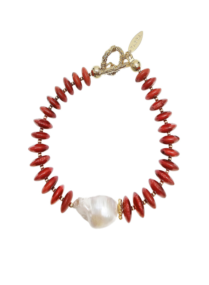 Red Bamboo Coral With Baroque Pearl Bracelet QB015