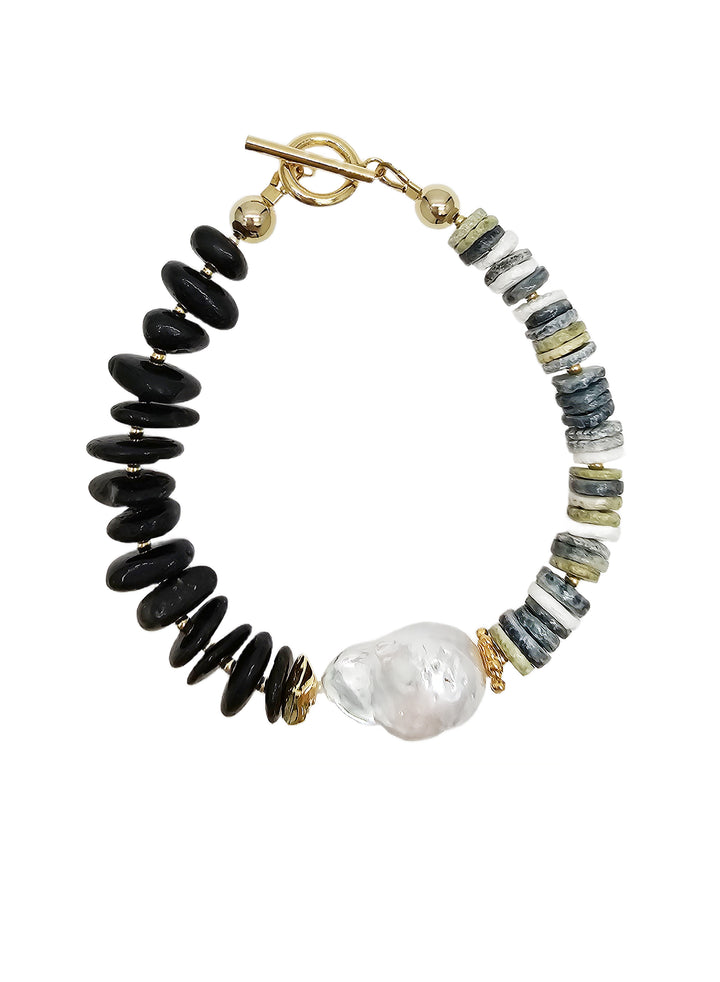 Black Tourmaline And Shell With Baroque Pearl Bracelet QB018