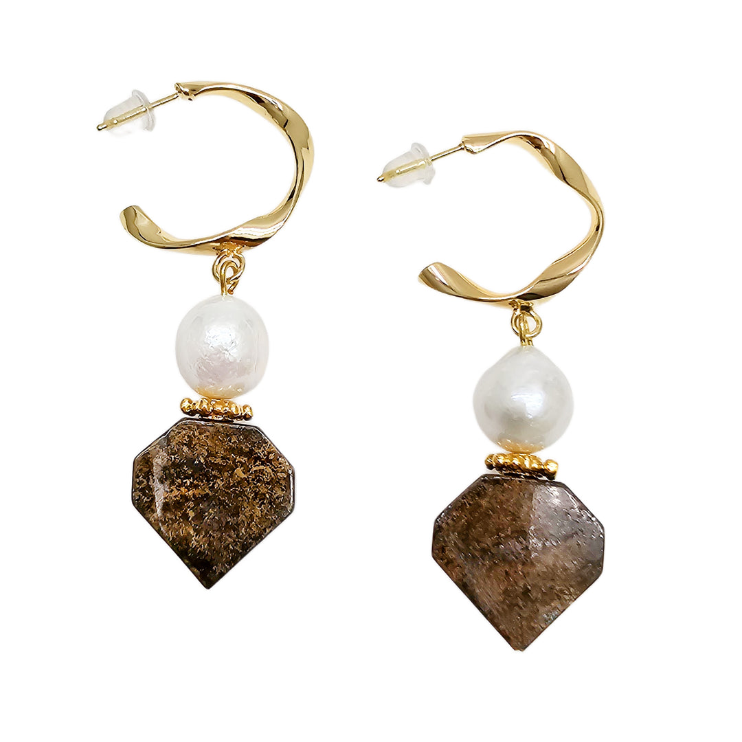 Geometric Tiger-eye Stone With Freshwater Pearls Earrings QE001