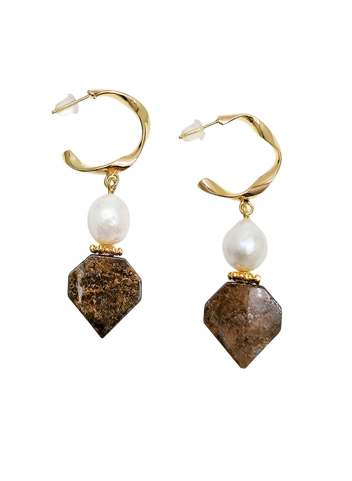 Geometric Tiger-eye Stone With Freshwater Pearls Earrings QE001