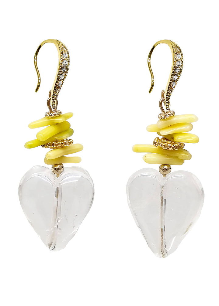 White Quartz Heart and Yellow Bamboo Coral Earrings QE004