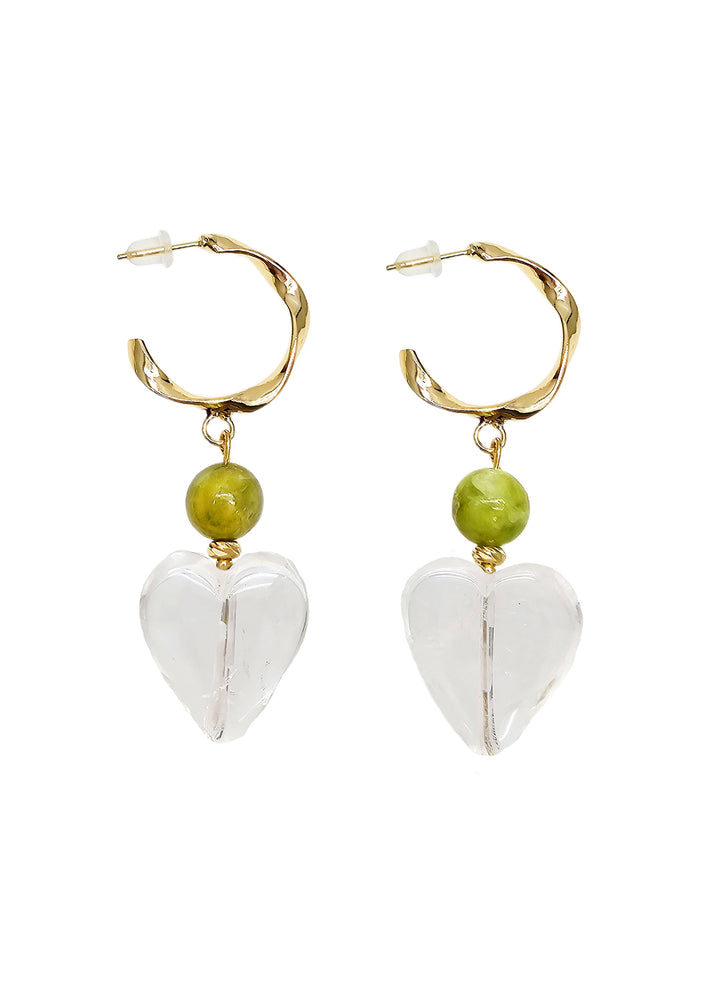 Heart-Shaped White Quartz with Green Opal Hoop Earrings QE008