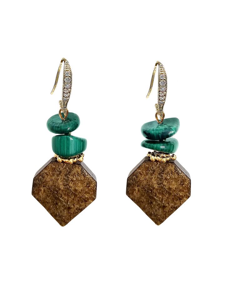 Brown Tiger-eye With Green Bamboo Coral Earrings QE010