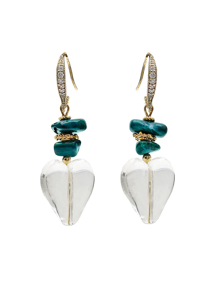 Heart Shaped White Quartz With Green Bamboo Coral Earrings QE011