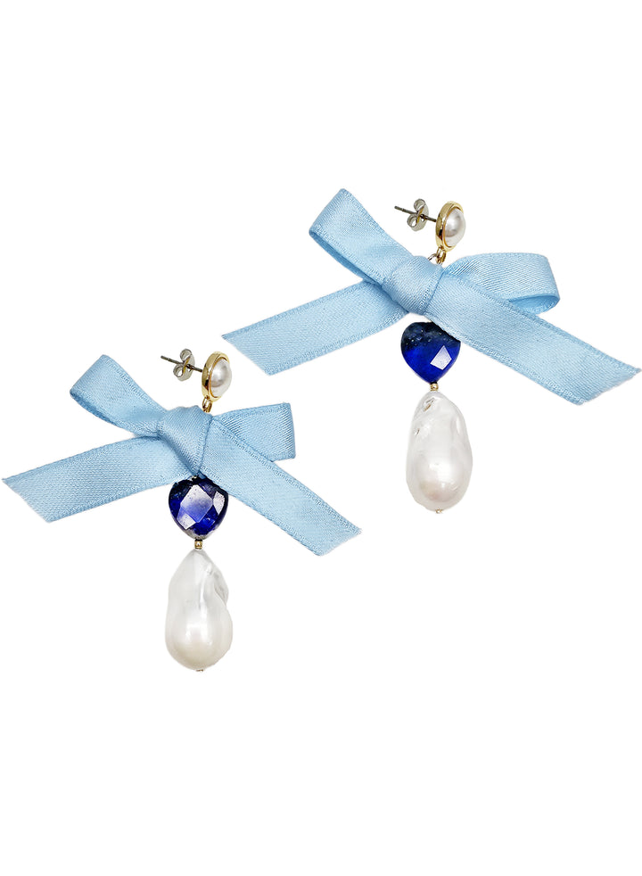 Baroque Pearl With Blue Silk Bowknot Earrings QE018
