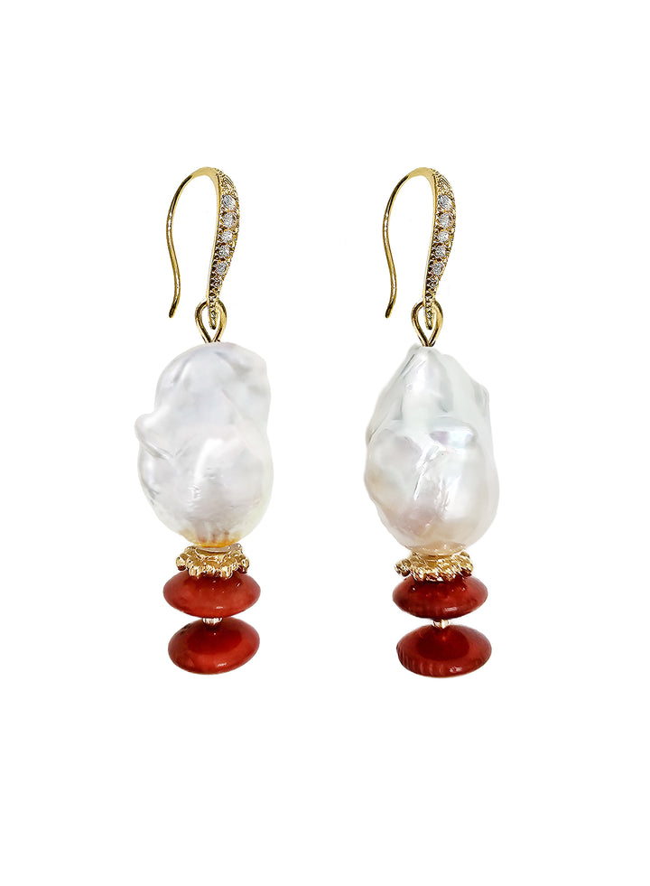 Baroque Pearl With Red Bamboo Coral Earrings QE019