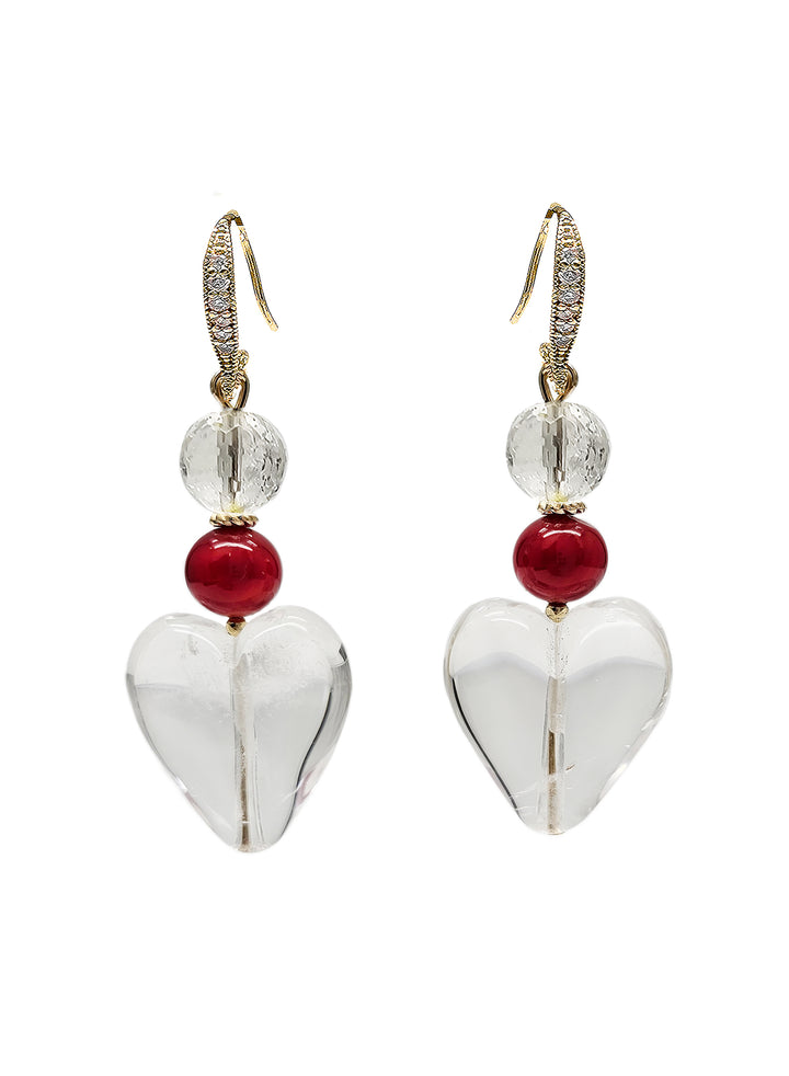 Heart White Quartz With Red Bamboo Coral Earrings QE021