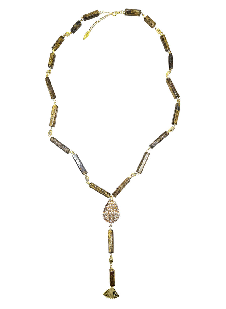 Y Shaped Tiger-eye Stone With Rhinestone Tassel Necklace QN008