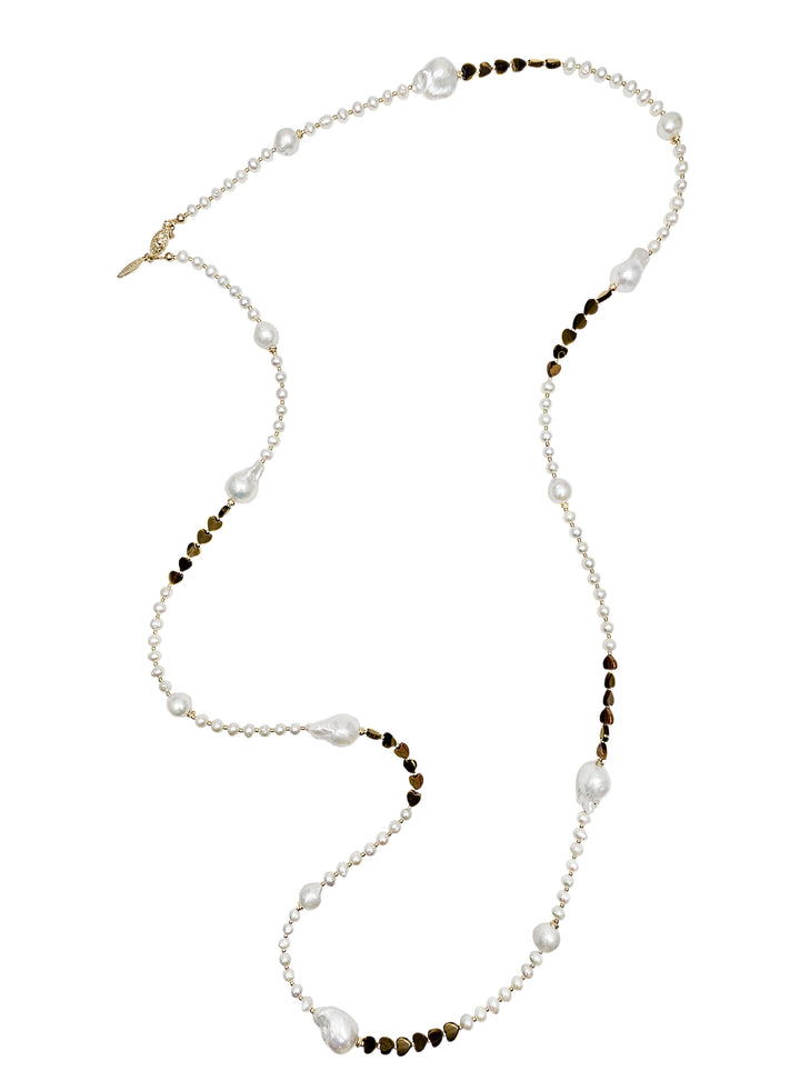 Baroque Freshwater Pearls With Heart Tiger-Eye Stone Long Necklace QN009