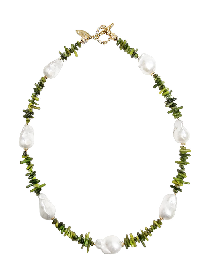 Green Bamboo Coral with Baroque Pearls Necklace QN011