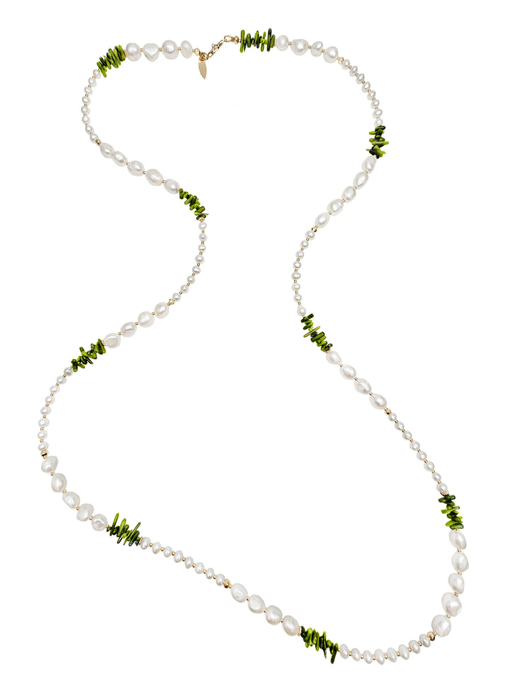 Green Bamboo Coral with Freshwater Pearls Long Necklace QN013