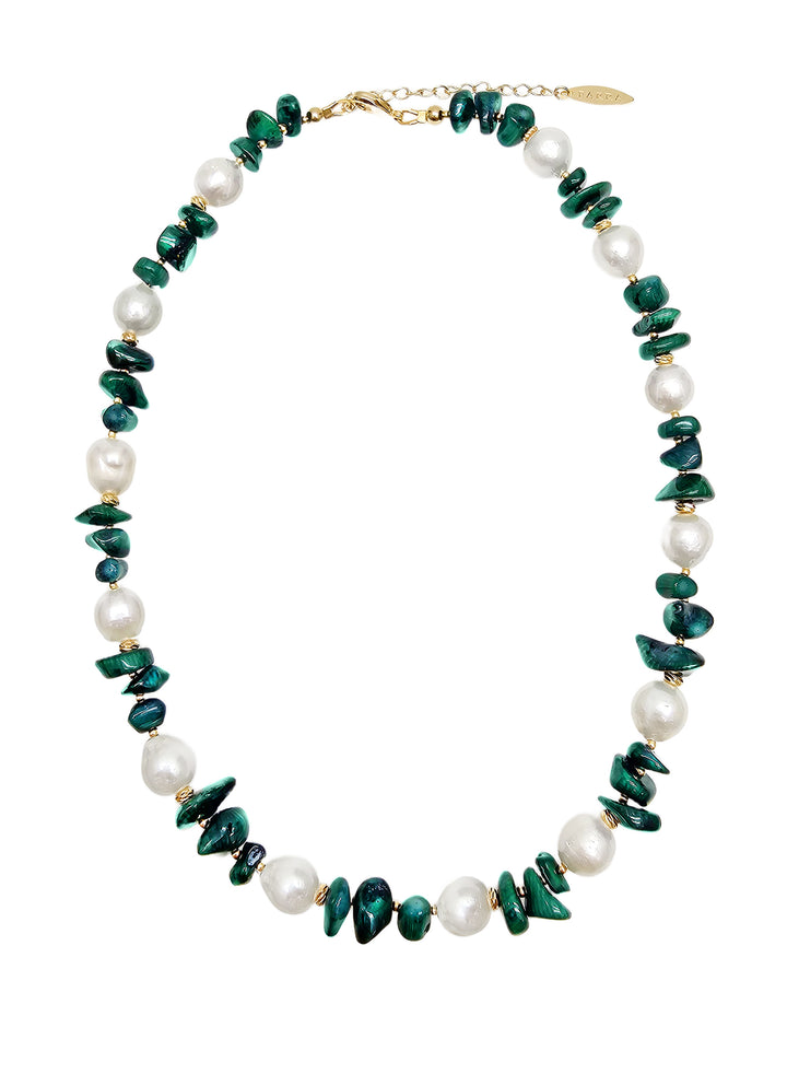 Irregular Green Bamboo Coral with Freshwater Pearls Necklace QN016