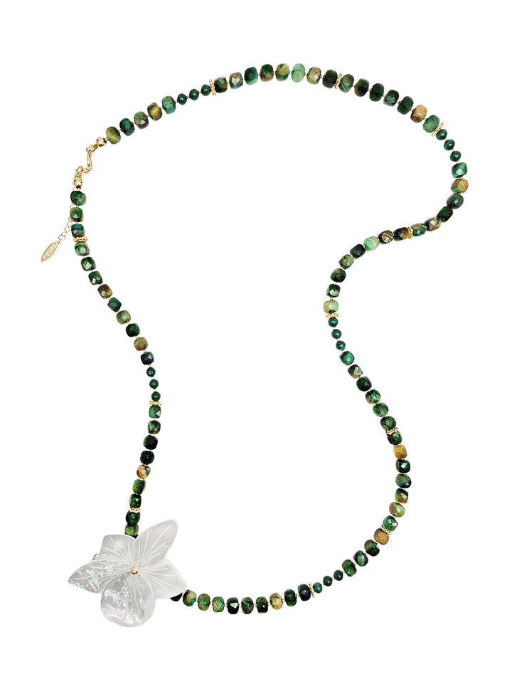 Green Cube Tiger-eye Stone With Giant Flower Shell Long Necklace QN019