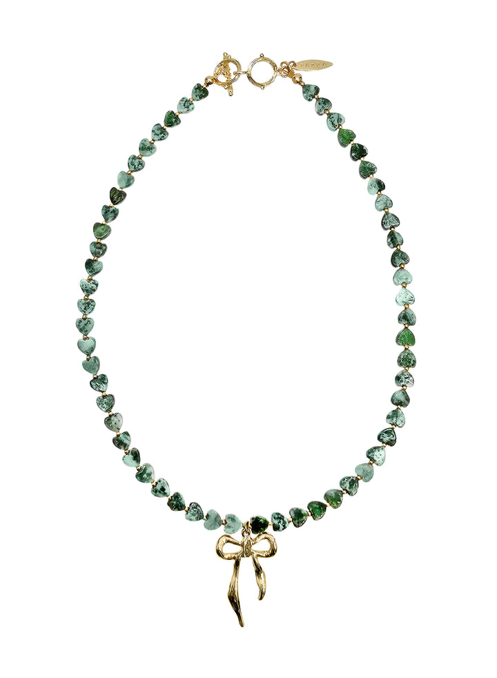 Green Dot Agate With Bowknot Pendant Necklace QN021