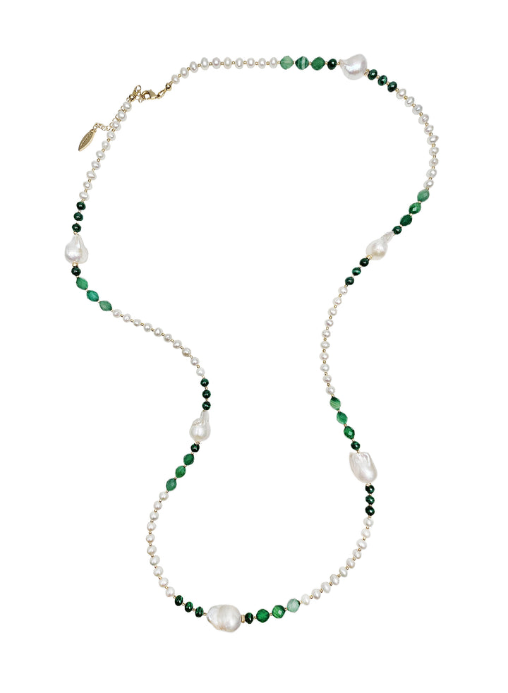 Baroque Pearls With Green Gemstone Long Necklace QN022