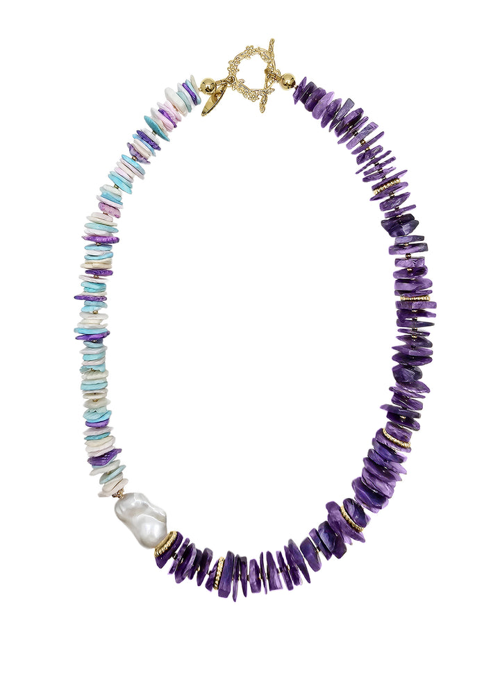 Vibrant Purple Charoite and Colorful Shell with Baroque Pearl Necklace QN023