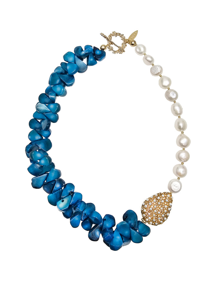 Freshwater Pearls & Floral Blue Bamboo Coral Necklace QN029