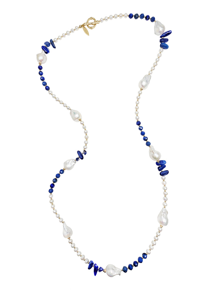 Baroque Pearls with Blue Lapis Long Necklace QN030