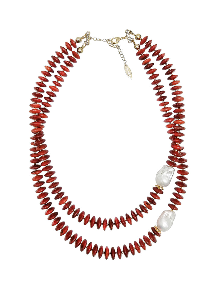 Sophisticated Red Bamboo Coral With Baroque Pearls Double Necklace QN035