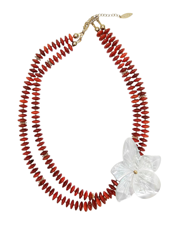 Elegant Red Bamboo Coral With Flower Shell Double Layers Necklace QN036
