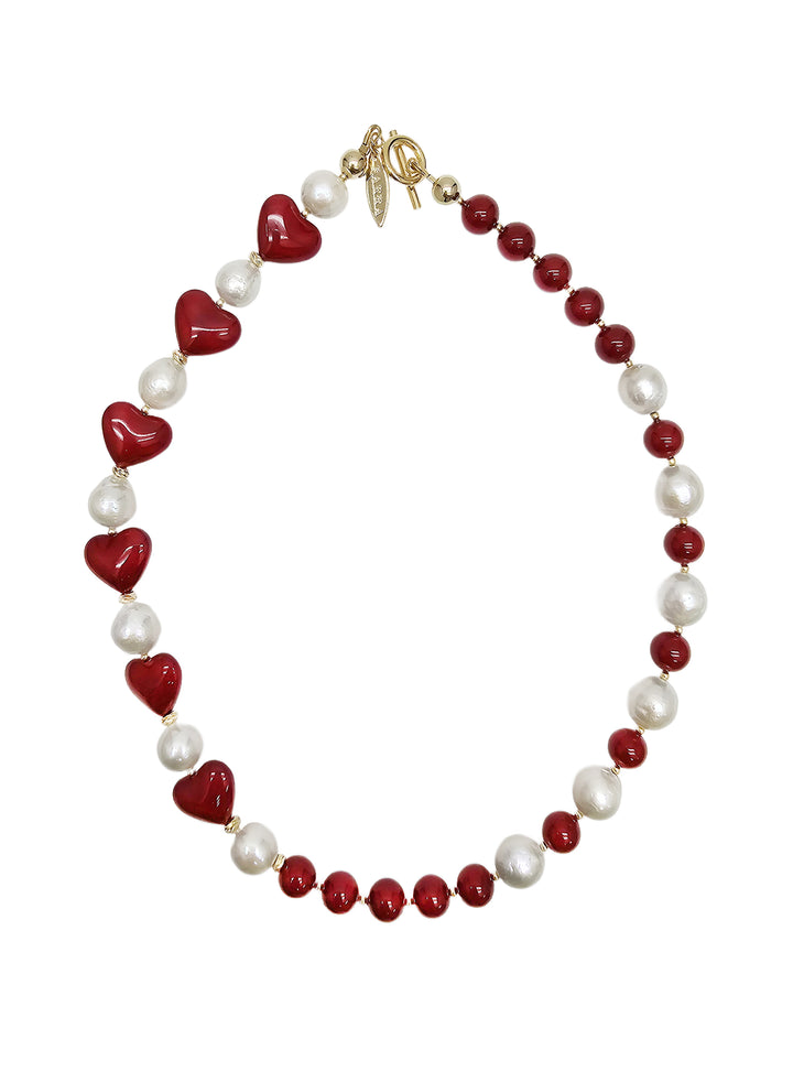 Freshwater Pearls With Red Heart Choker Necklace QN038