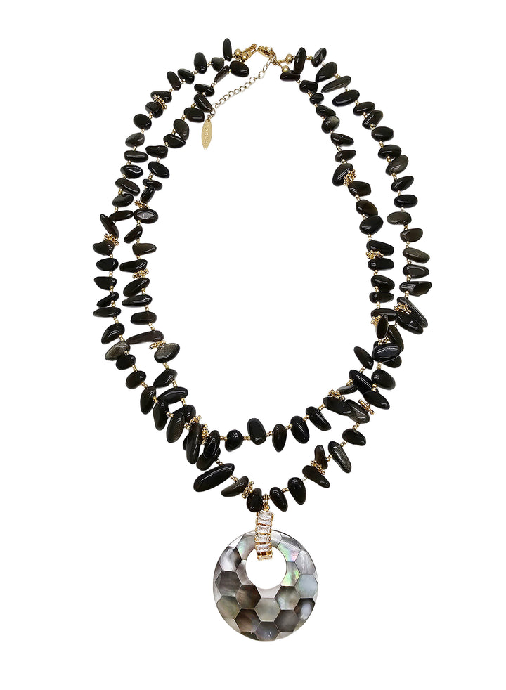 Black Obsidian With Shell Pendant Classical Necklace QN040