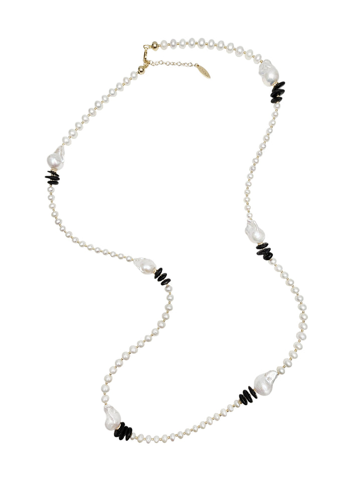Baroque Pearls With Black Tourmaline Long Necklace QN041