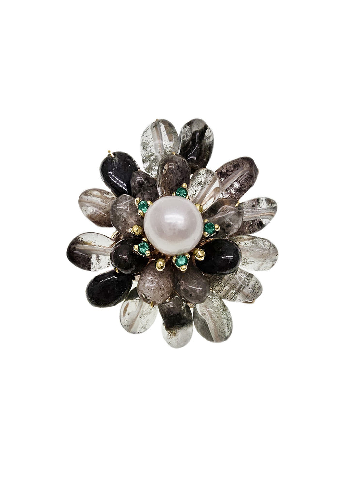 Black Phantom Quartz Floral Brooch QP008