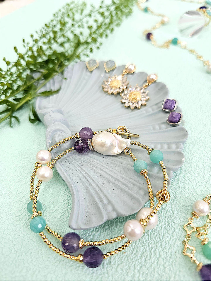 Baroque Pearls With Amazonite & Amethyst Double Layers Bracelet / Choker RB001