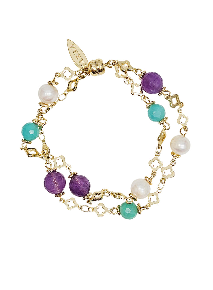 Multi-color Gemstone With Pearls Double Layers Chain Bracelet RB002